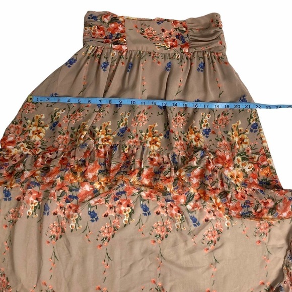 MILLAU Tan Multicolored Floral Print High Low Asymmetrical Ruffled Skirt - Picture 8 of 14